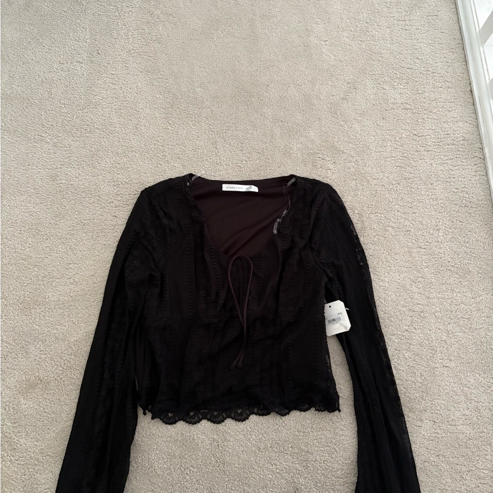 Altar'd State Black Long Sleeve Crop Tie Front Blouse